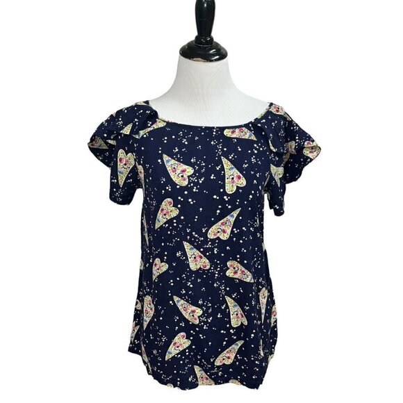 Anthropologie Tops - Anthropologie Odille Women's Size 2 A-Line Top Ruffle Sleeves Floral Heart Print
